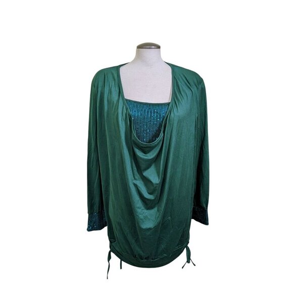 Womens Blouse Top XXL Green Drape Sequins Front Cuff Stretch Knit Long Sleeve - Picture 2 of 7